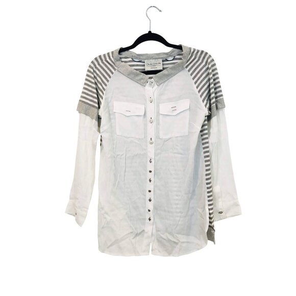 Elisa Cavaletti Striped Button-Down Shirt Unique Collar Button Size M White Grey - Picture 10 of 11